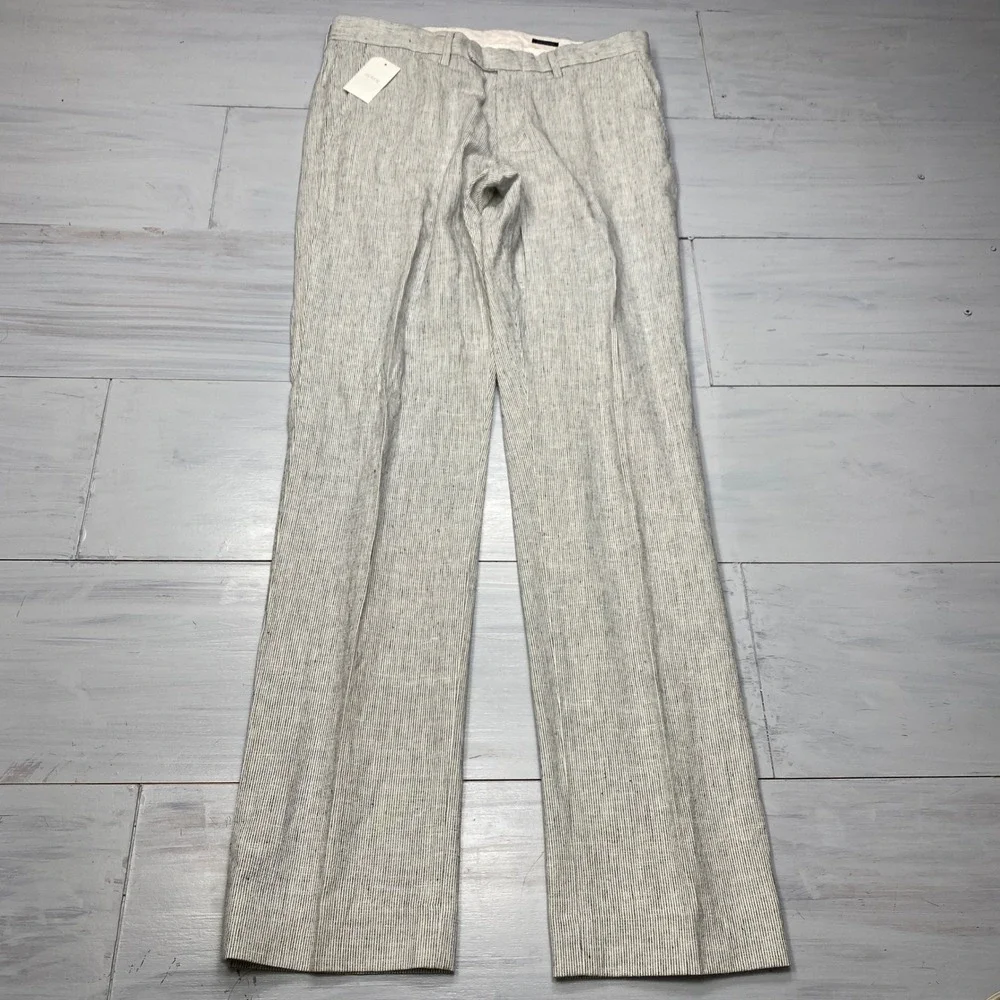 J.Crew Slim Bedford Pants Mens 32x34 White Blue Stripe Linen Blend Dress Casual